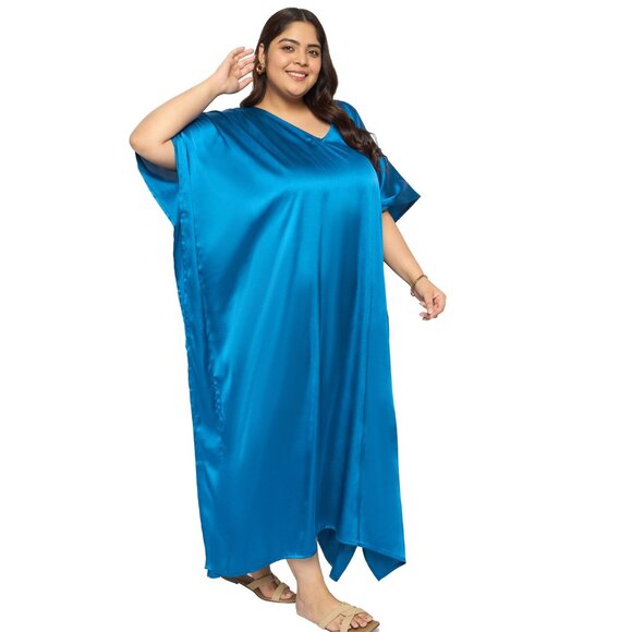 Gypsie Blu Satin Solid Plus Size Maxi Dress Stylish Caftan Dresses for Womens - Picture 3 of 6